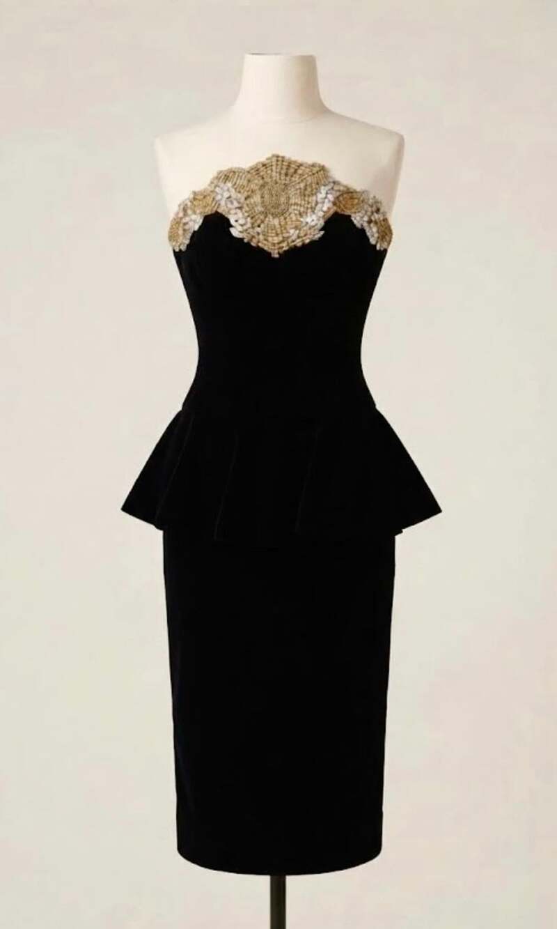 Lilli Rubin Vintage 70s-80s Black Velvet Strapless Peplum Cocktail Dress XS